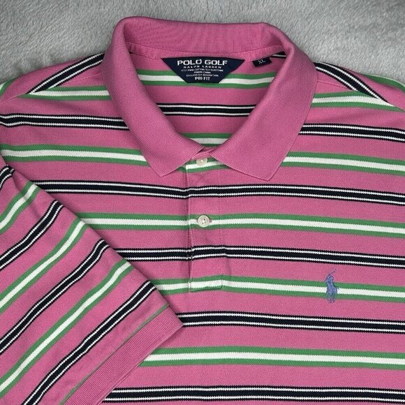 Polo Golf Ralph Lauren Shirt Mens Extra Large Pink Green Stripe Golf Preppy XL - Picture 1 of 13